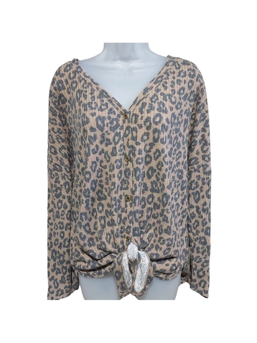 Iwollence Leopard Print Tie Front Knit Thermal Top Medium
